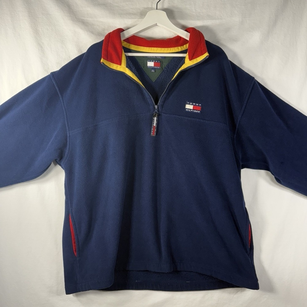 VTG Tommy Hilfiger Jacket Mens XL Blue Cozy Fleece 1/4 Zip Pullover Flag Logo